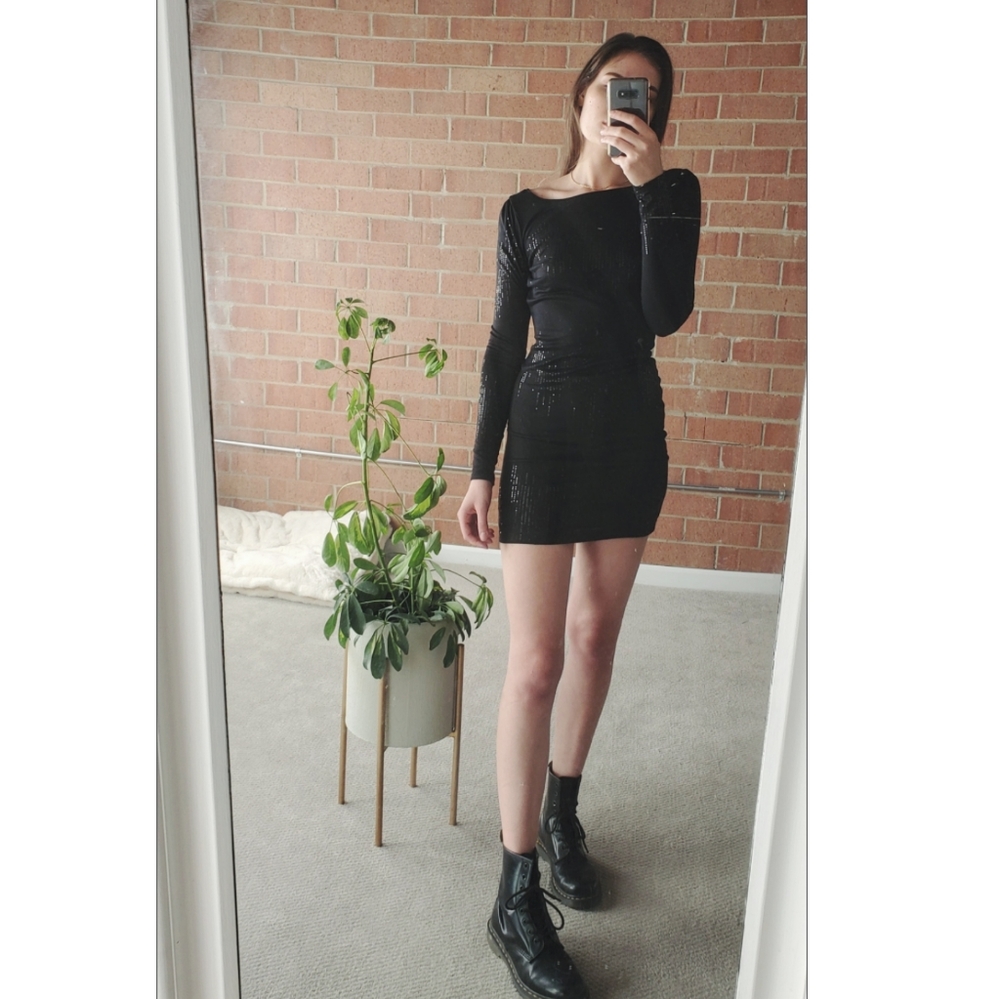 Guess long sleeve open back sequin dress
